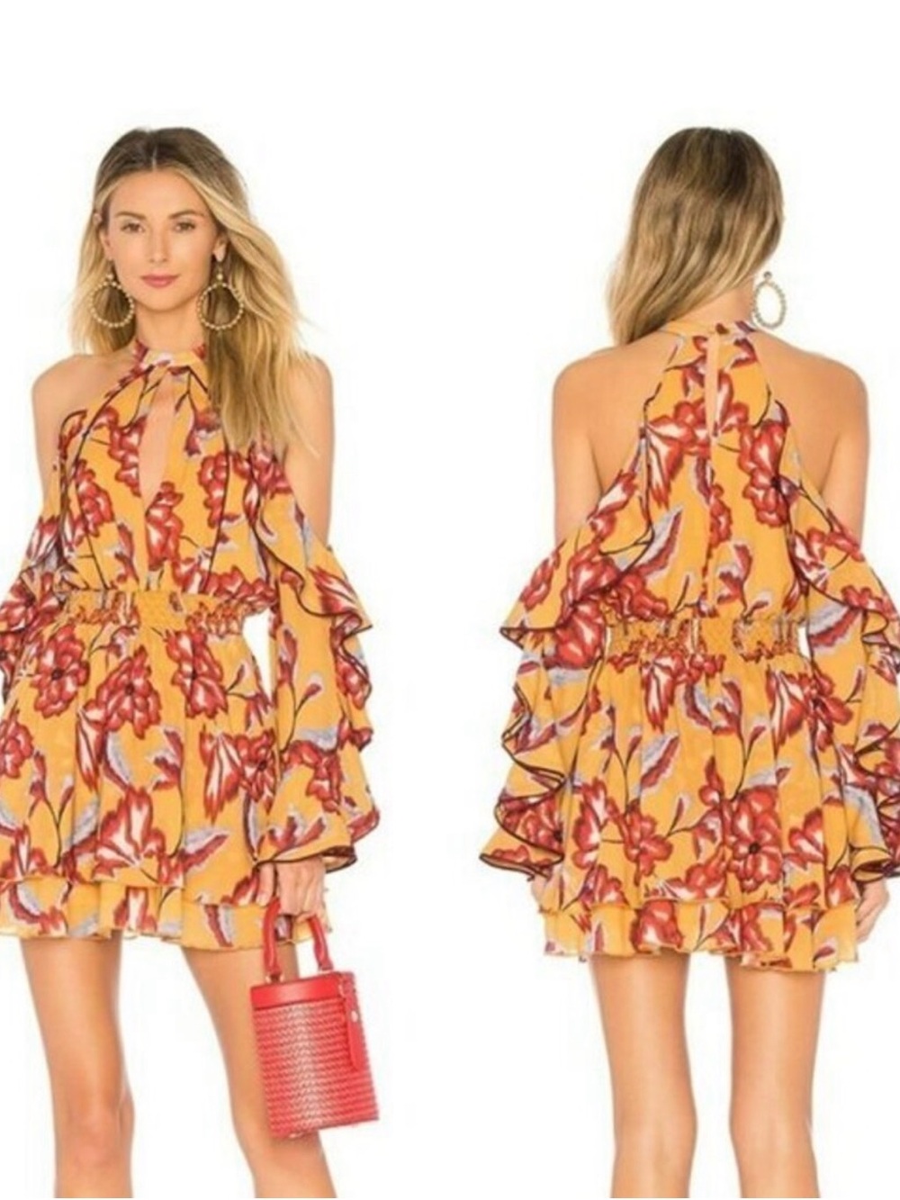 REVOLVE Yellow Floral Halter Ruffle Mini Dress